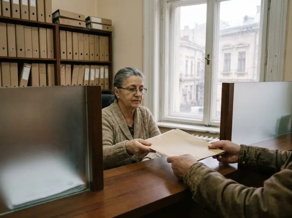 Registratura unui tribunal din România, unde o grefieră primește un dosar depus la ghișeu, ilustrând termenul de 5 zile pentru calea de atac la ordonanța președințială