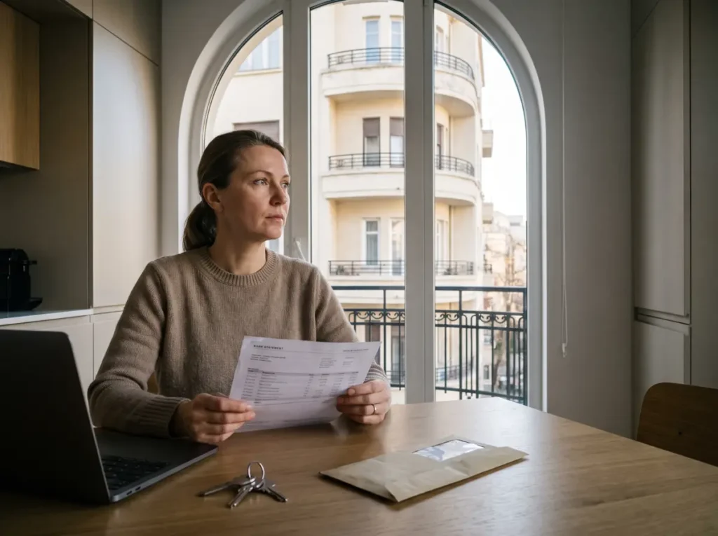 Femeie care citește un extras de cont bancar la masa din bucătărie, într-un apartament dintr-o clădire interbelică restaurată din București