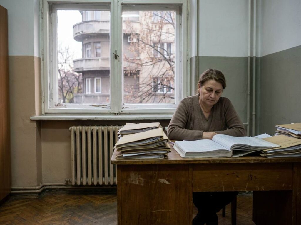 Profesoară într-o cancelarie de școală, verificând state de plată și dosare, cu un bloc interbelic vizibil pe fereastră