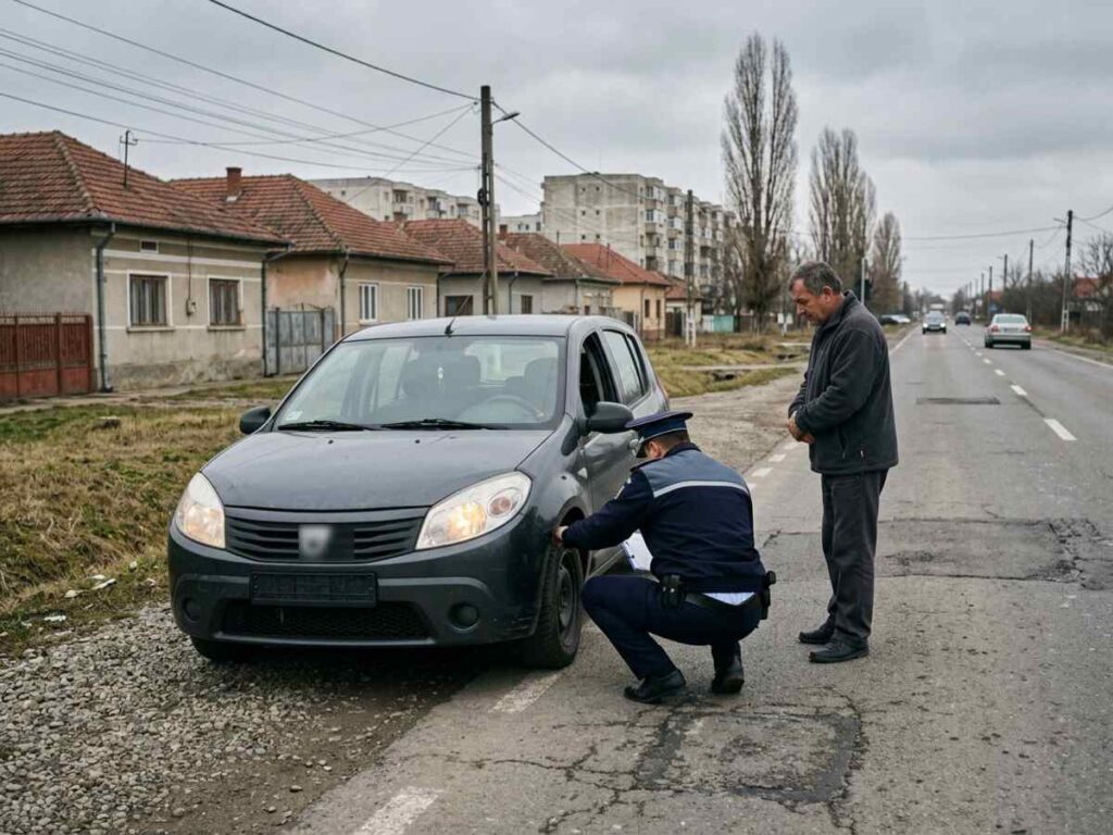 Polițist rutier ghemuit lângă roata din față a unei mașini oprite pe marginea drumului, cu șoferul alături, la marginea unei localități din România