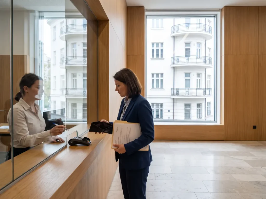 Reprezentanta unei firme, cu portofelul gol și un dosar de acte, la ghișeul de plăți al unei instituții, ilustrând taxa judiciară de timbru datorată de persoanele juridice
