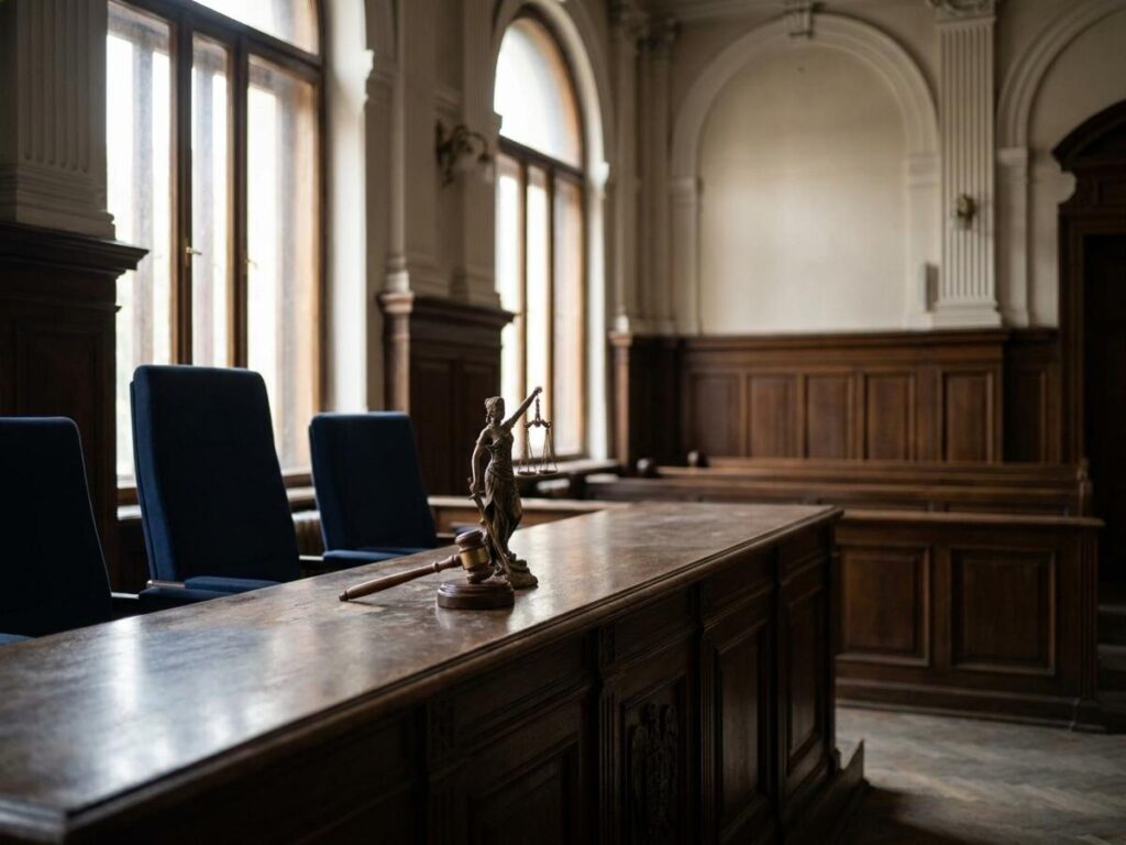 Interiorul unei săli de judecată, cu balanța justiției și un ciocănel de judecător pe masa magistratului, simbolizând o decizie a Curții Constituționale