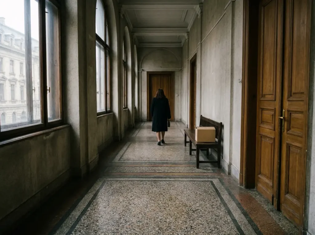 Coridor de tribunal din România, cu o femeie văzută din spate îndepărtându-se, ilustrând cererea de întrerupere a executării pedepsei pentru creșterea copilului