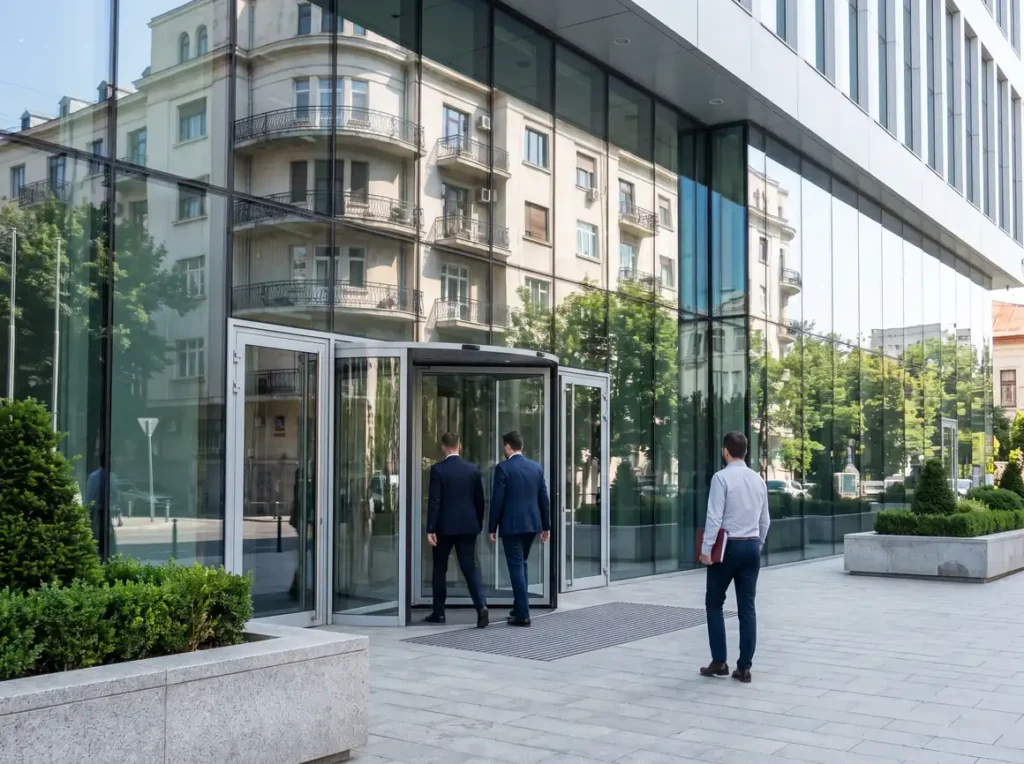Intrarea unei clădiri de birouri din București, în ale cărei geamuri se reflectă un bloc interbelic restaurat, cu trei persoane în ținută de birou