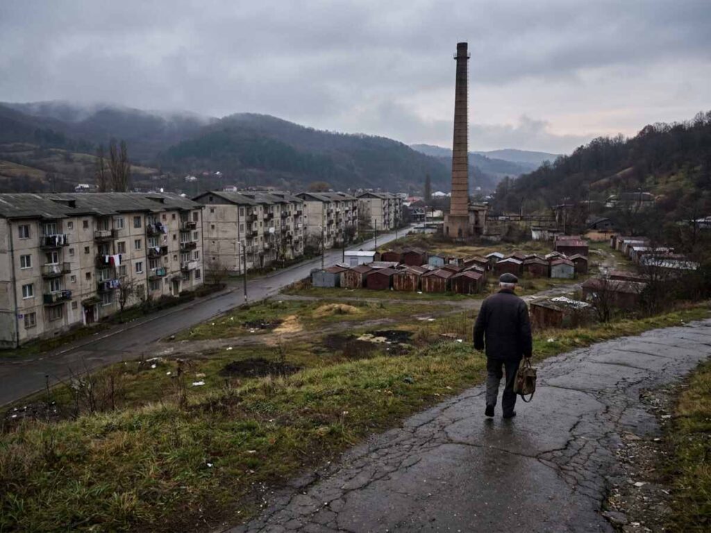 Bărbat în vârstă mergând pe un drum crăpat într-un fost oraș minier din România, cu blocuri vechi și un coș industrial dezafectat
