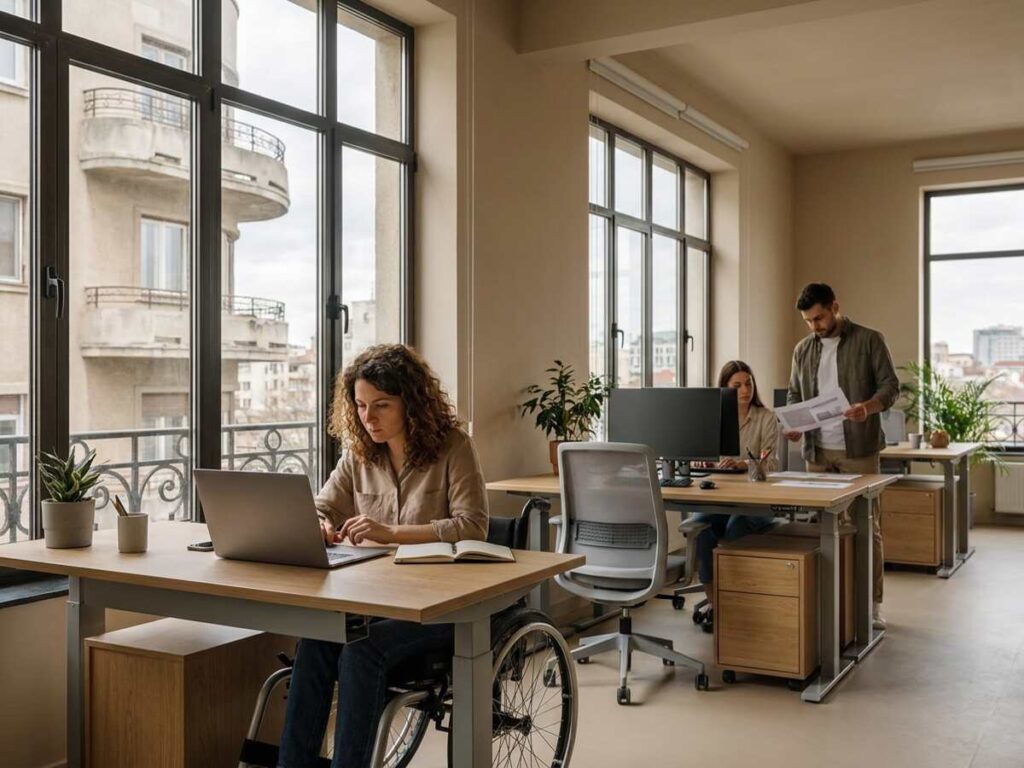 Angajată care folosește scaun rulant lucrând la un birou reglabil pe înălțime, într-un birou dintr-o clădire interbelică