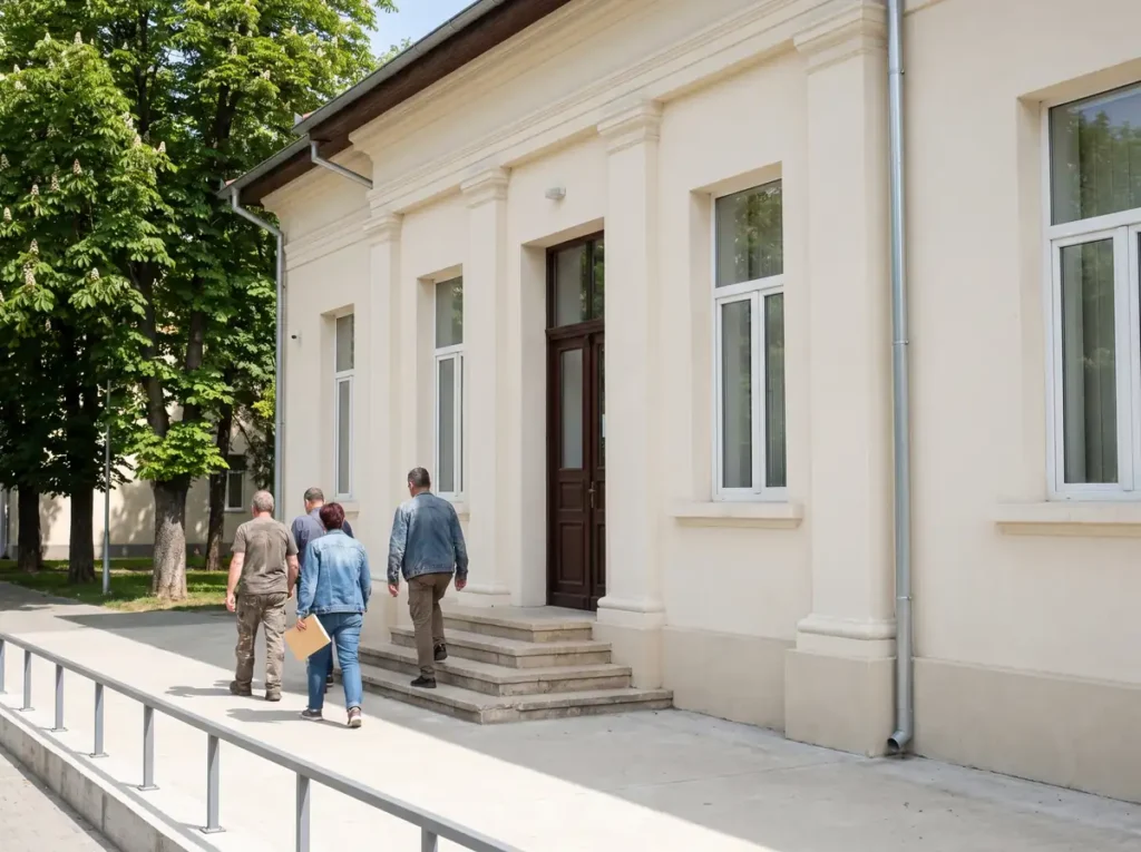 Patru persoane urcă treptele unei judecătorii dintr-un oraș din România, într-o dimineață de vară, una dintre ele purtând un dosar