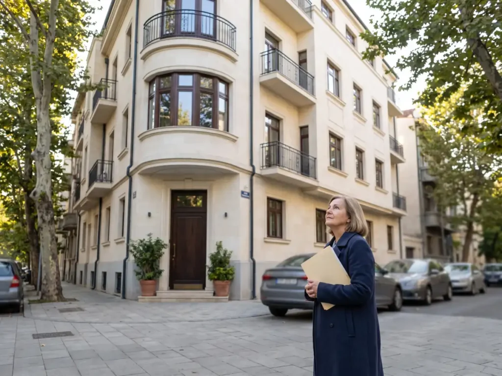 Clădire interbelică restaurată dintr-un oraș din România, cu o femeie care privește fațada, ținând un dosar de acte