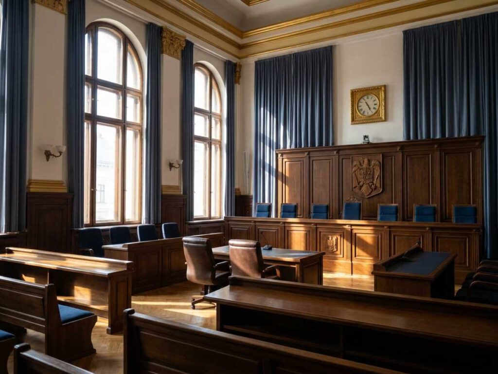 Sală de judecată dintr-o instanță din România, cu banca judecătorilor goală