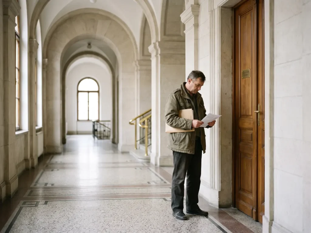 Bărbat citind o citație pe holul unui tribunal, în fața ușii sălii de judecată