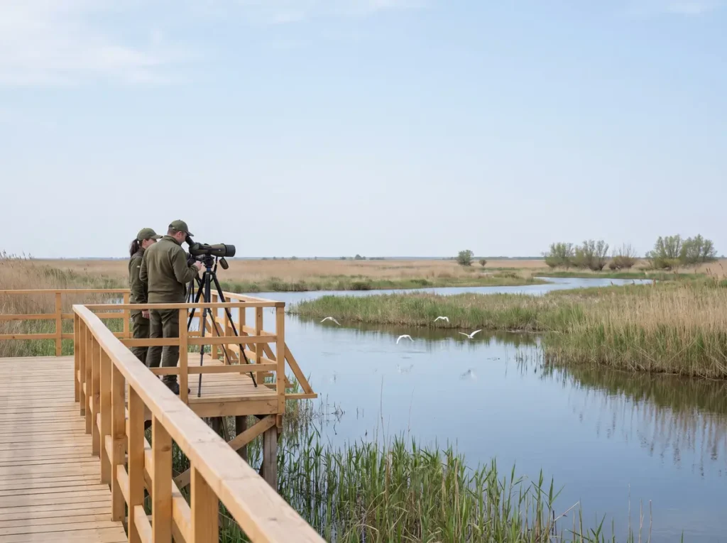 Doi cercetători observă păsări dintr-un foișor de lemn într-o zonă umedă protejată, ilustrând Strategia națională pentru conservarea biodiversității 2026-2030