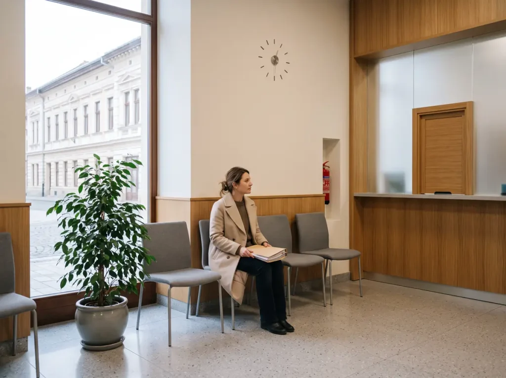 Femeie cu un dosar de documente într-o sală de așteptare a unei instituții publice din România, ilustrând procedurile din Legea cetățeniei analizate de Curtea Constituțională