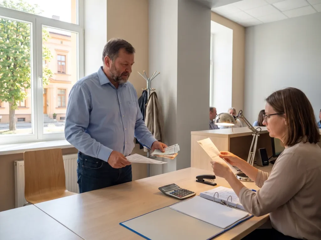 Bărbat depunând bonuri și legitimații de călătorie la ghișeul unei instituții, pentru decontarea transportului