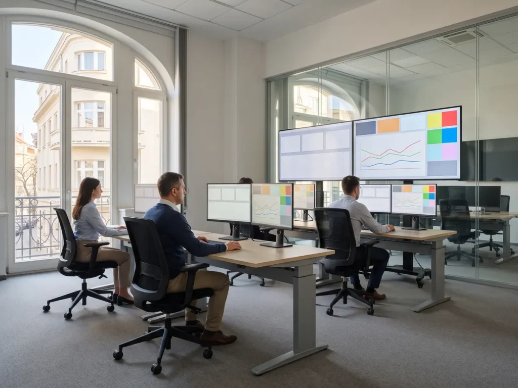 Birou guvernamental de tehnologia informației din România, cu monitoare care afișează tablouri de bord