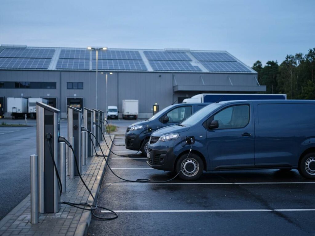 Statii rapide de reincarcare pentru vehicule electrice intr-o curte logistica de intreprindere, cu panouri fotovoltaice pe acoperisul depozitului, ilustrand schema de ajutor de stat e-MOVE RO