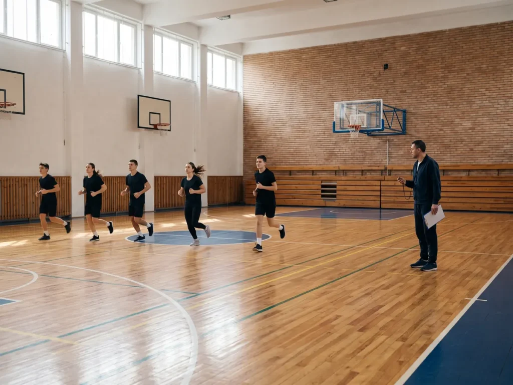 Antrenor cu clipboard și cronometru urmărind un grup de studenți la antrenament, într-o sală de sport universitară