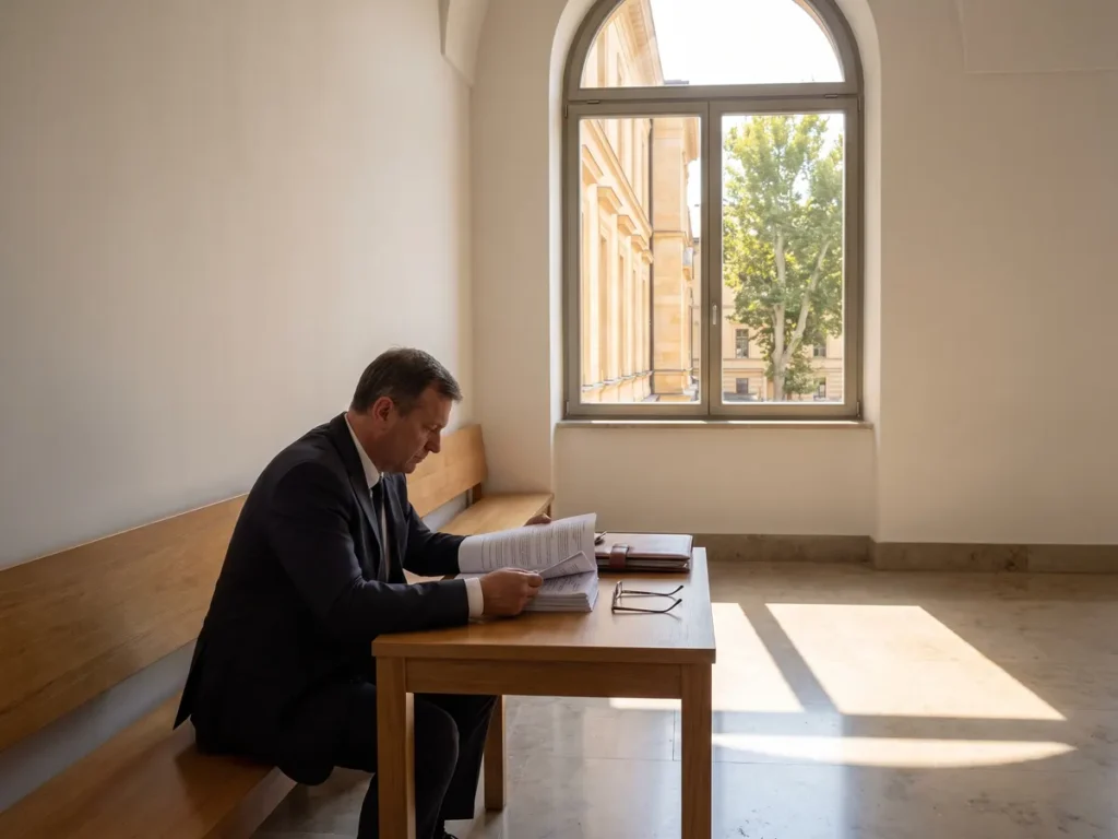 Bărbat citind un dosar gros de acte de instanță, singur pe holul luminos al unui tribunal