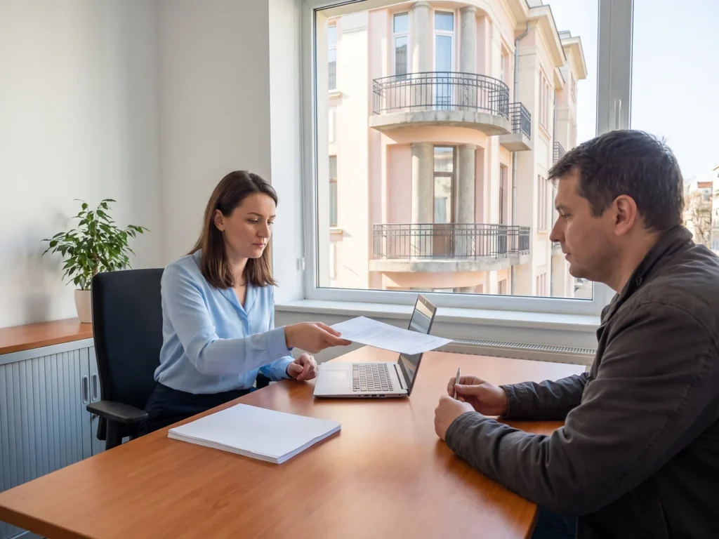 Angajata unei firme de creditare întinde peste birou o pagină de contract unui client care ține un pix, într-un birou luminos