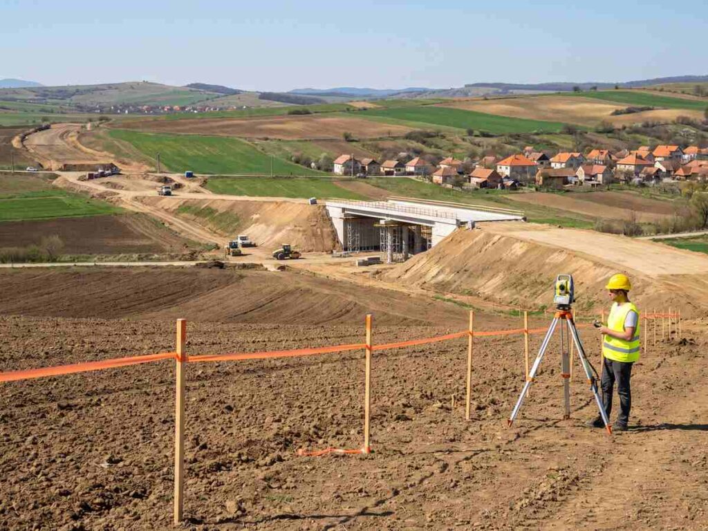 Un topograf lucrează lângă un teren arat marcat cu jaloane, pe coridorul de expropriere al autostrăzii Sibiu-Făgăraș