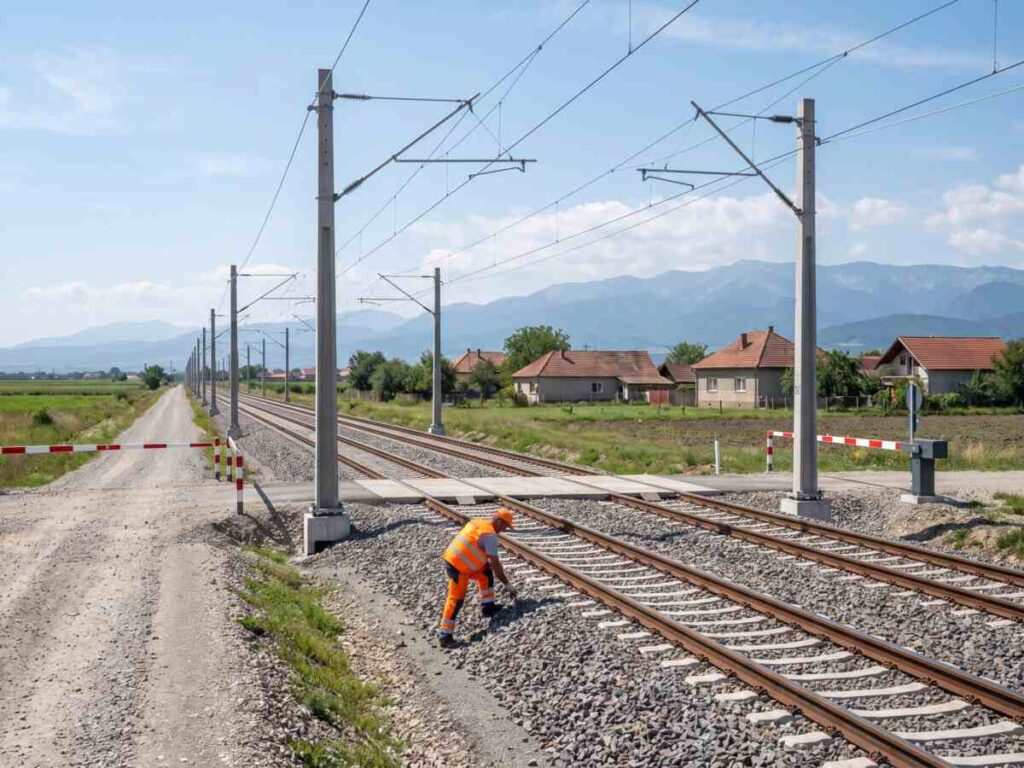 Un lucrător feroviar verifică traversele unei linii electrificate din Țara Bârsei, cu munții Carpați la orizont