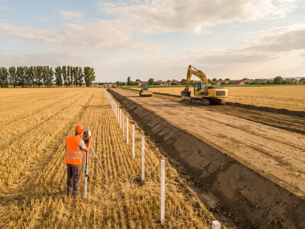 Terasament de drum în construcție pe teren agricol, cu topograf și borne de delimitare a coridorului de expropriere