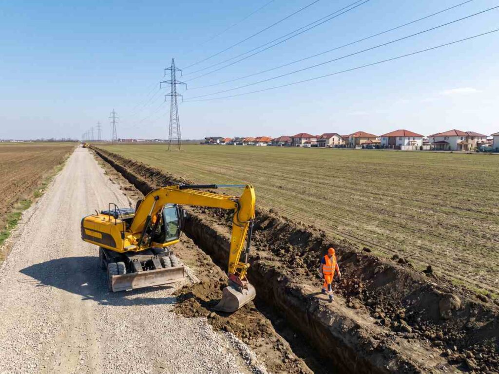 Un excavator sapă un șanț pentru utilități de-a lungul unui drum de acces, în câmp deschis lângă Timișoara