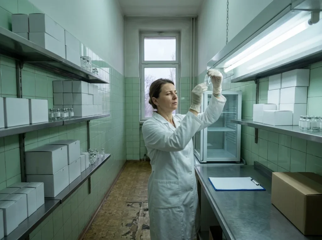 Farmacistă în halat alb verificând o fiolă în depozitul de medicamente al unui spital din România, cu rafturi metalice, cutii albe și un frigider pentru medicamente