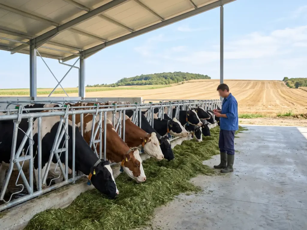 Fermă de bovine din România, cu vaci la frontul de furajare și fermier verificând o tabletă