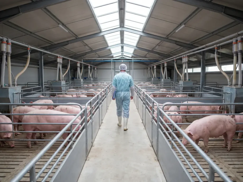 Interior de fermă modernă de porci din România, cu boxe curate și lucrător în echipament de protecție