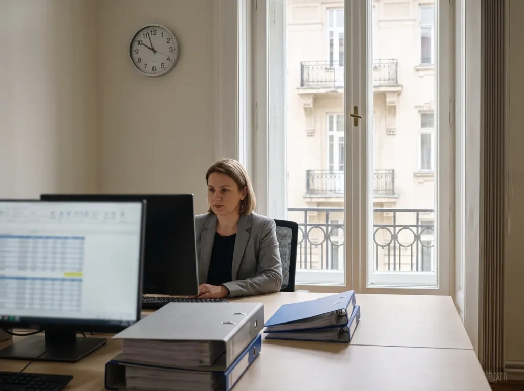Funcționară într-un birou de finanțe publice lucrează la calculator, lângă bibliorafturi cu documente, ilustrare pentru măsurile bugetare privind Fondul de rezervă al Guvernului