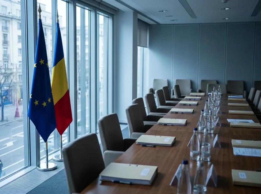 Sala de sedinte institutionala cu drapelele Romaniei si Uniunii Europene, ilustrand finantarea din PNRR