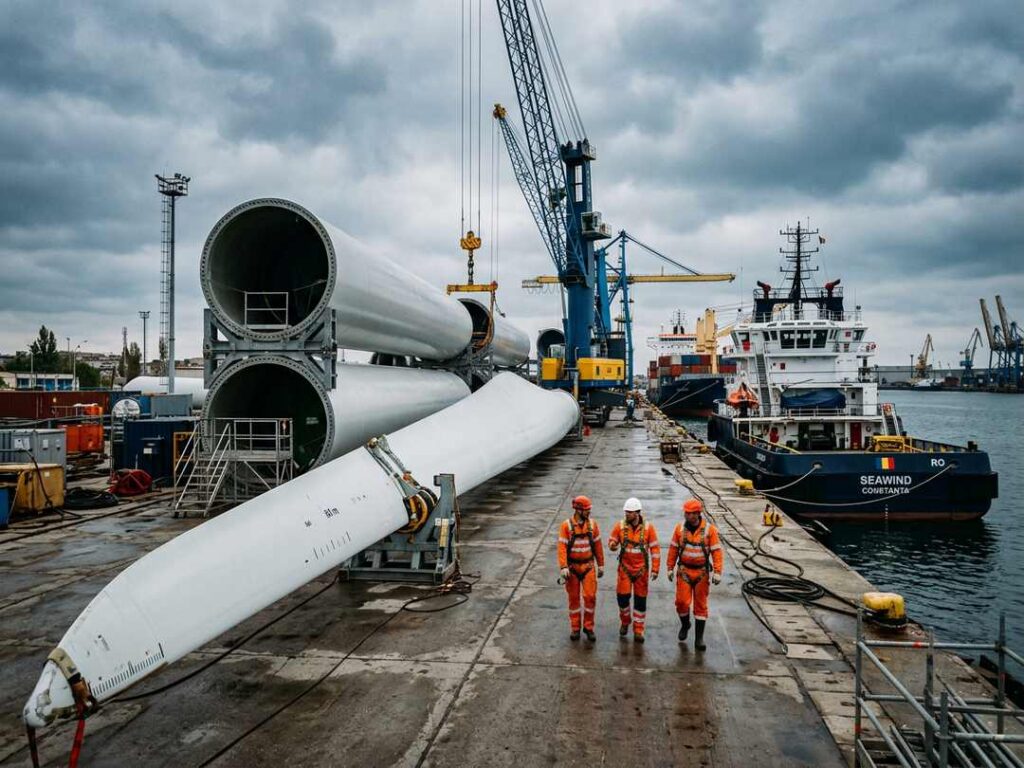 Componente de turbine eoliene offshore pe cheiul portului Constanța, tehnicieni cu echipament de protecție și macara