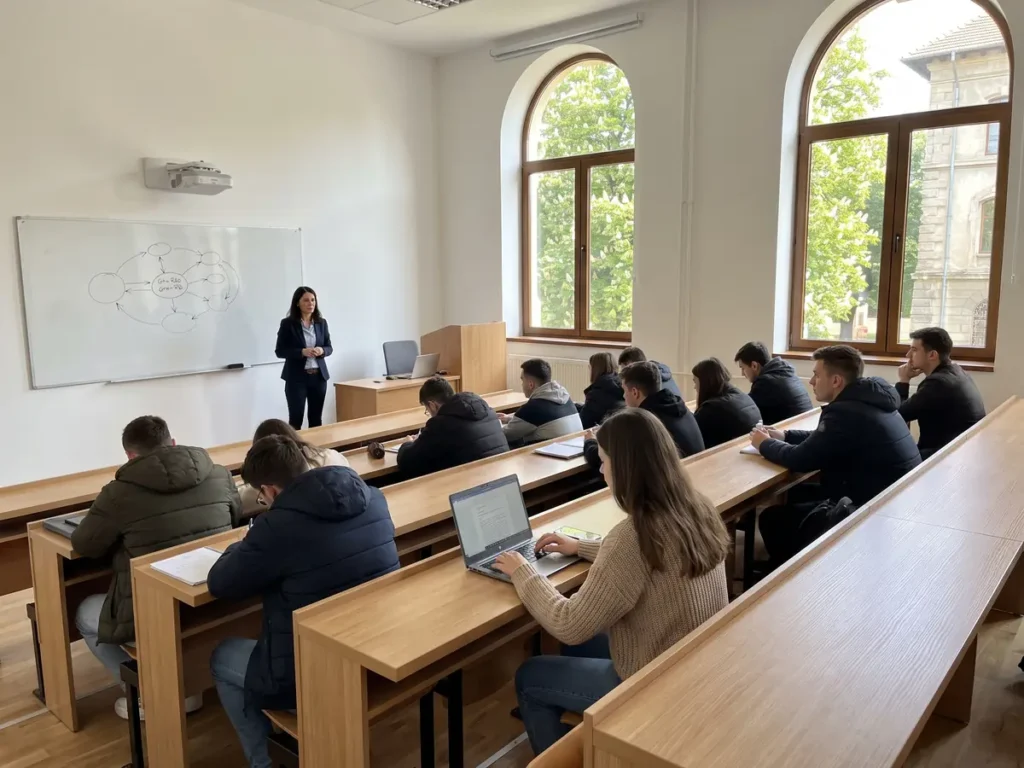 Seminar universitar de formare psihopedagogică, cu studenți la bănci și lectoarea la tablă