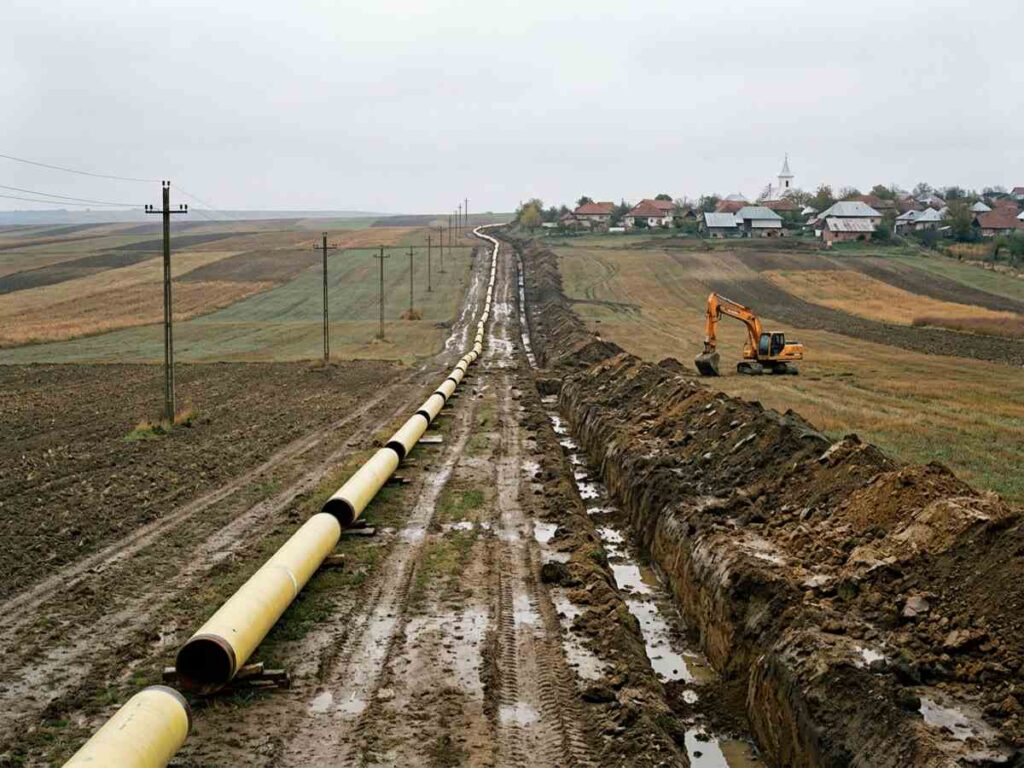 Tranșee și conducte de transport gaze naturale pregătite pentru montaj pe câmpurile din nord-estul României