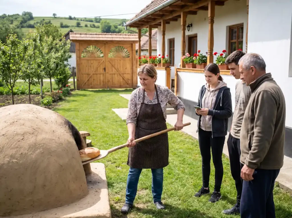 Gospodărie țărănească din România în care o femeie scoate pâinea din cuptorul de lut, în fața a trei vizitatori, ilustrare pentru Programul național Viața la țară