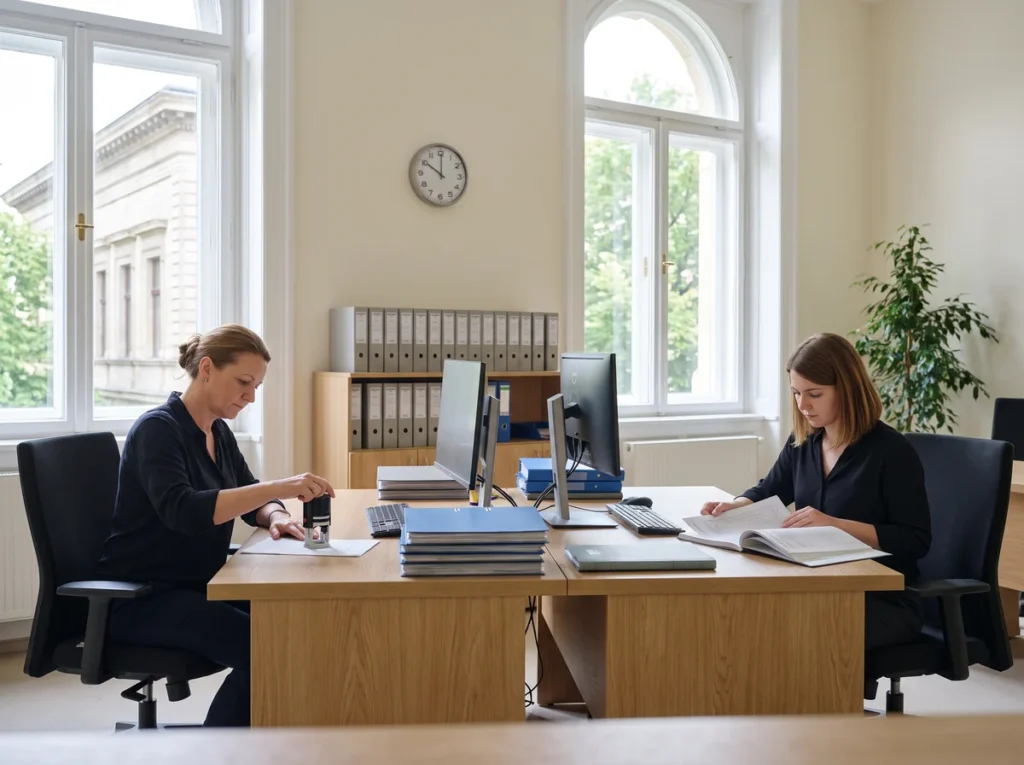 Doi grefieri lucrează la birouri alăturate într-o grefă de instanță, cu dosare și registre pe masă, ilustrare pentru decizia Curții Constituționale despre plafonul sporurilor