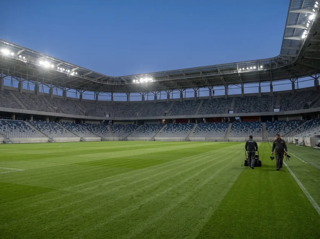 Stadion modern gol, cu nocturna aprinsă la asfințit și doi îngrijitori care traversează gazonul proaspăt tuns