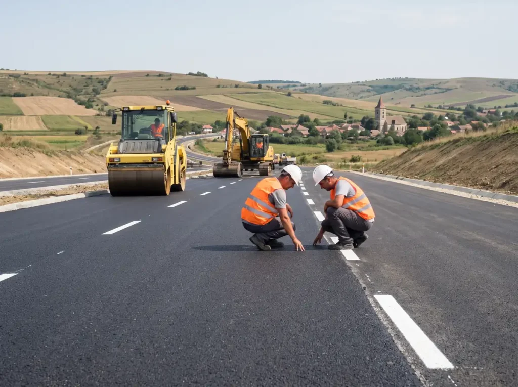 Doi muncitori în veste reflectorizante verifică asfaltul proaspăt turnat pe un drum nou, cu un cilindru compactor și un excavator în spate și dealuri cu sat în fundal