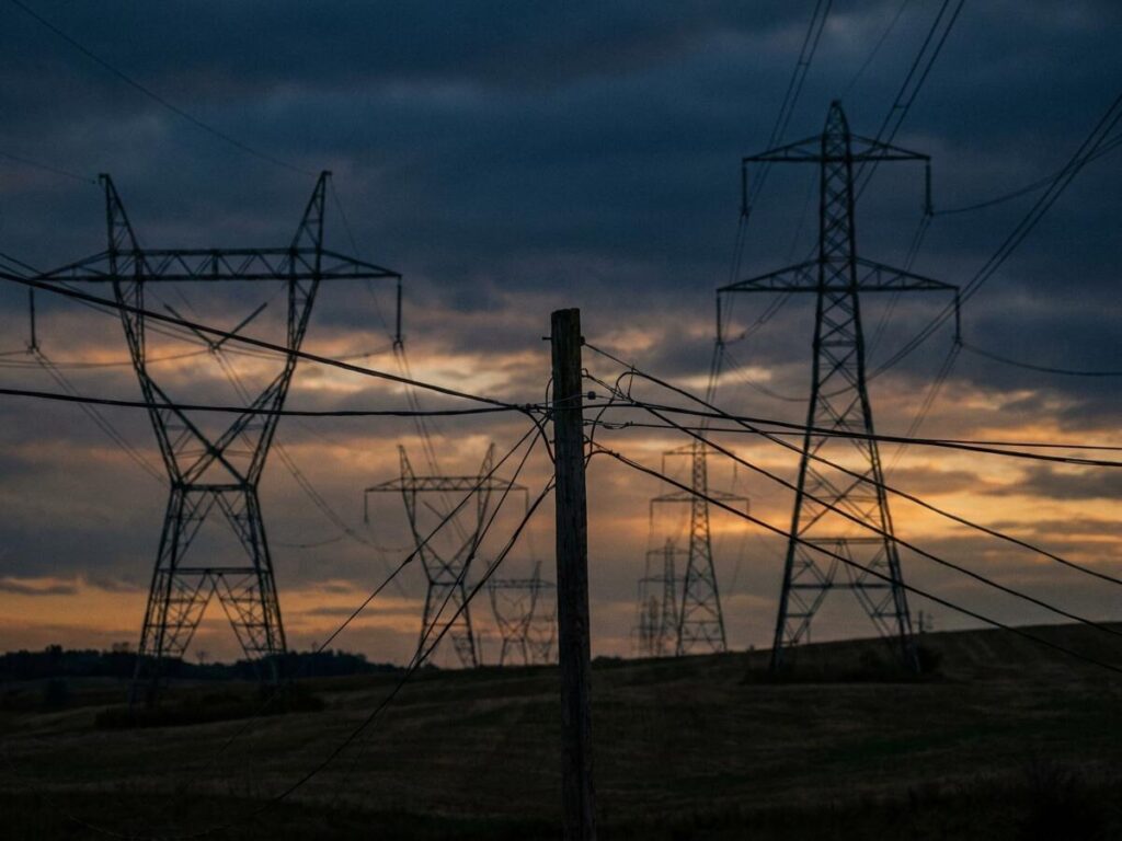 Stâlpi de înaltă tensiune și linii electrice aeriene la asfințit, simbolizând rețeaua electrică națională și planul de pregătire pentru riscuri