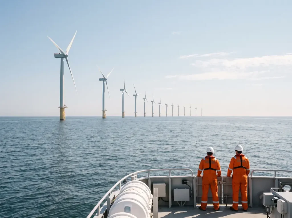 Turbine eoliene cu fundație fixă în larg, văzute de pe puntea unei nave de intervenție, ilustrând perimetrele aprobate prin Hotărârea Guvernului nr. 664/2026