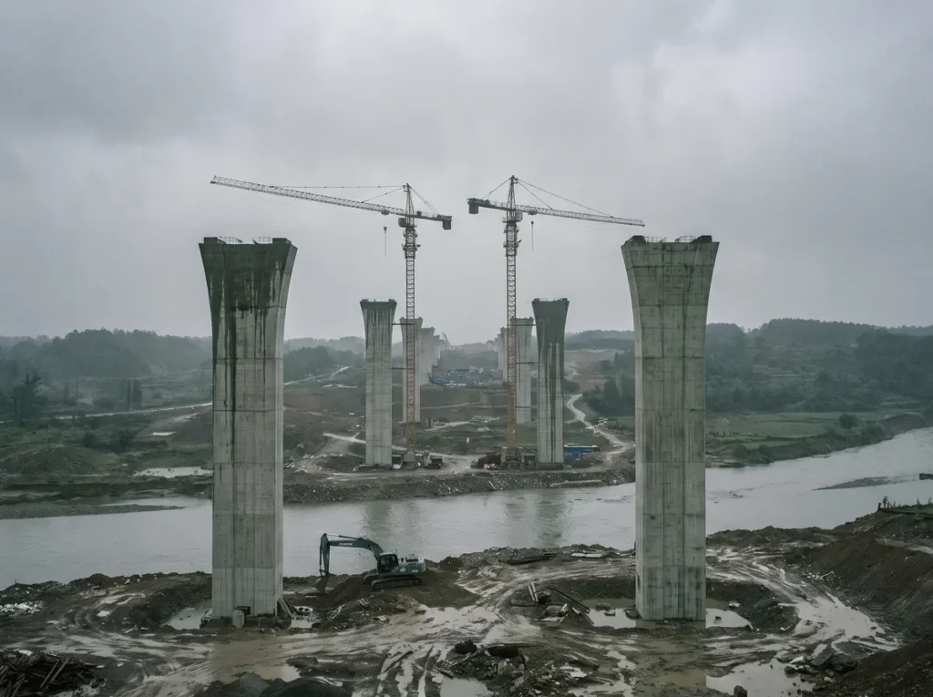 Pile inalte de beton ale unui viaduct in constructie, fara tablier montat, cu doua macarale turn intre ele si un excavator la baza