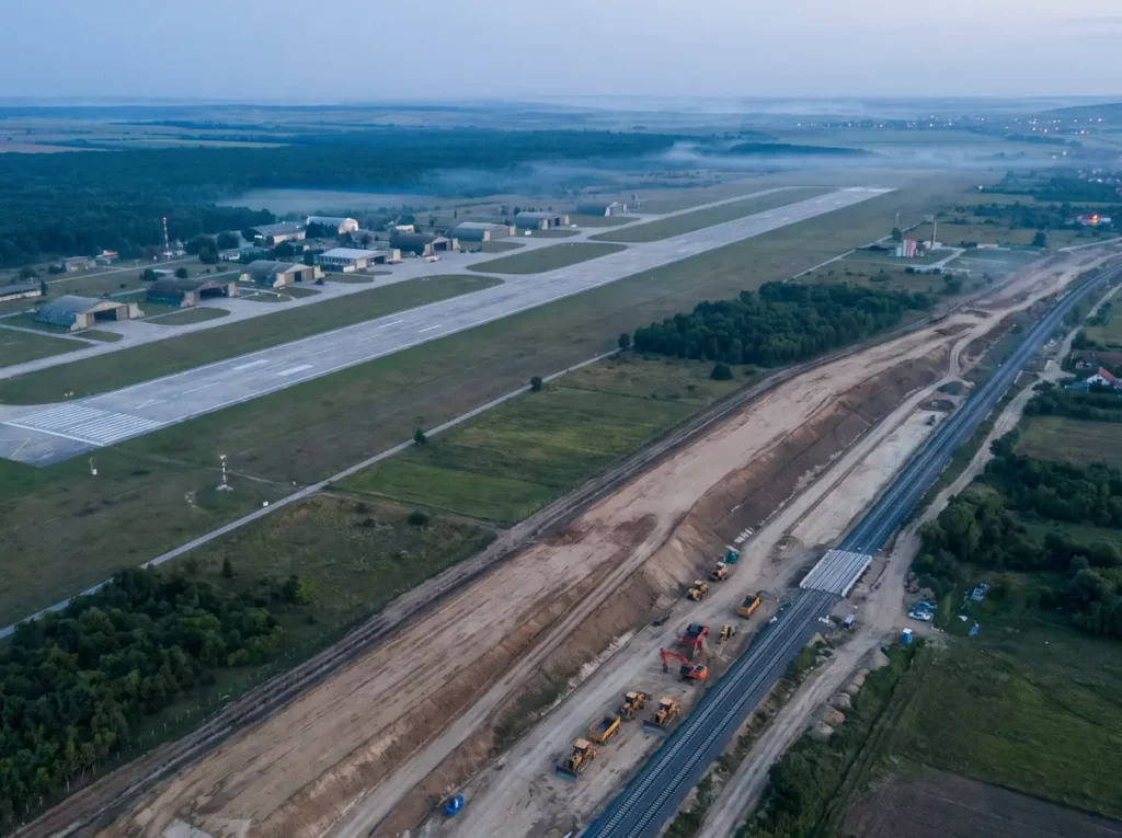 Vedere din aer la amurg: un aerodrom militar cu pista si hangare, iar alaturi un coridor de transport in constructie, cu terasamente si utilaje