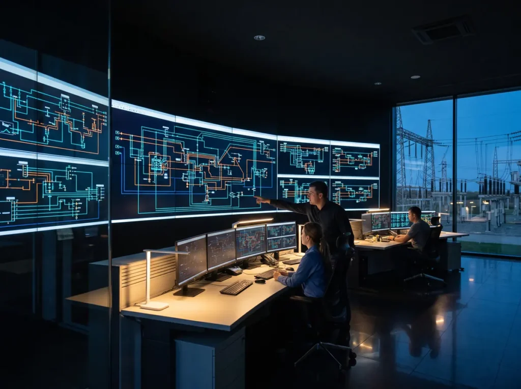 Cameră de comandă a rețelei electrice, cu scheme de rețea pe ecrane și o stație de transformare văzută pe fereastră
