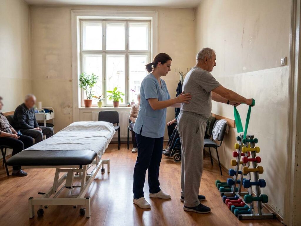Fizioterapeut care indruma un pacient varstnic la un exercitiu cu banda elastica intr-un cabinet