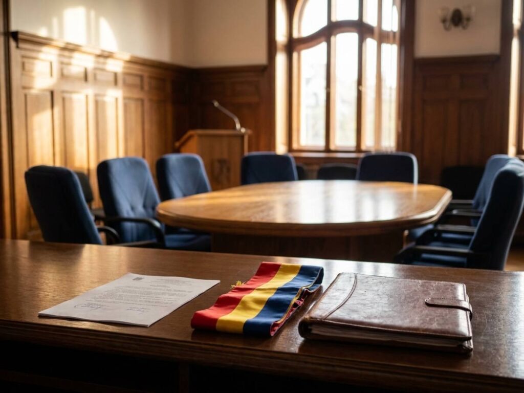Sala de consiliu a unei primării din România, cu un ordin administrativ semnat și o eșarfă tricoloră de primar pe birou