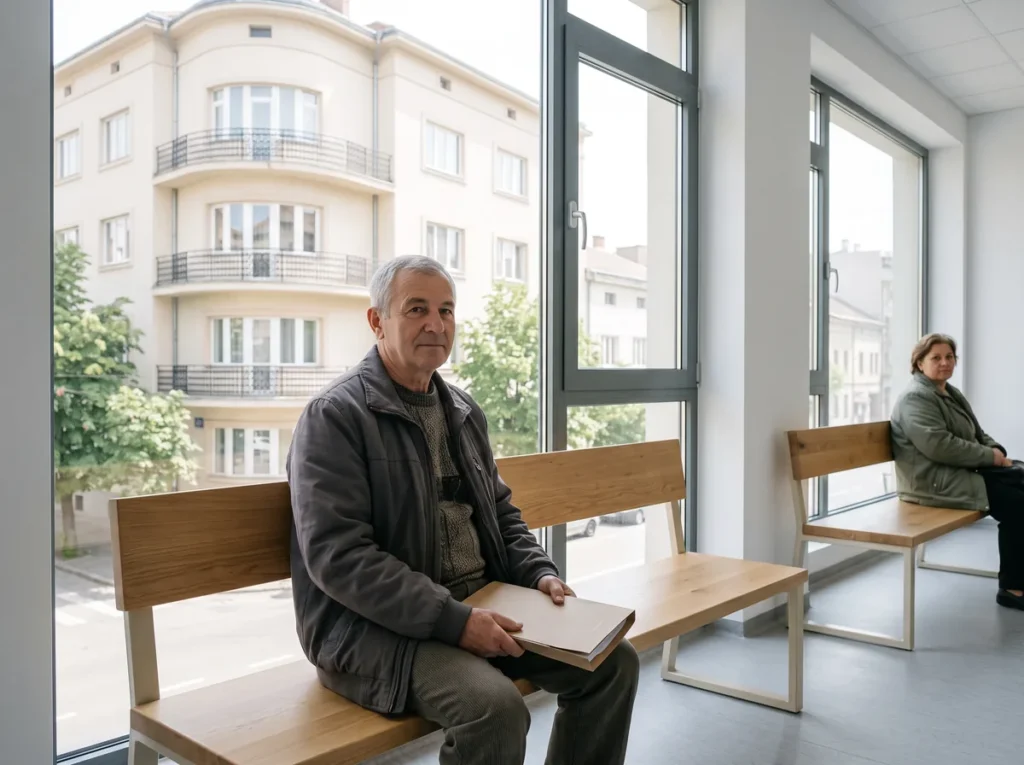 Barbat in varsta asteptand cu un dosar in mana pe o banca dintr-o sala moderna de asteptare a unei case de pensii