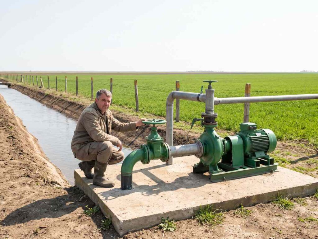 Un fermier deschide vana unei stații de pompare verzi, lângă un canal de irigații, în câmp deschis din Bărăgan
