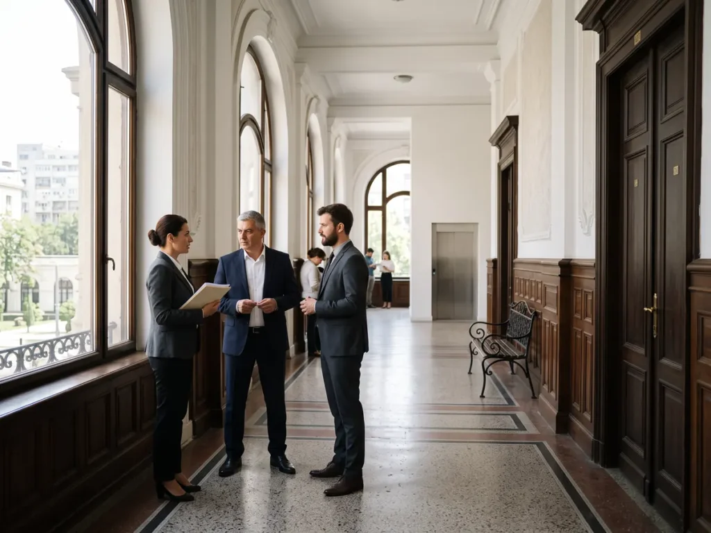 Coridor de instanță din România, cu ferestre înalte și pardoseală de mozaic, ilustrare pentru Decizia CCR nr. 457/2025 privind înghețarea salariilor bugetarilor