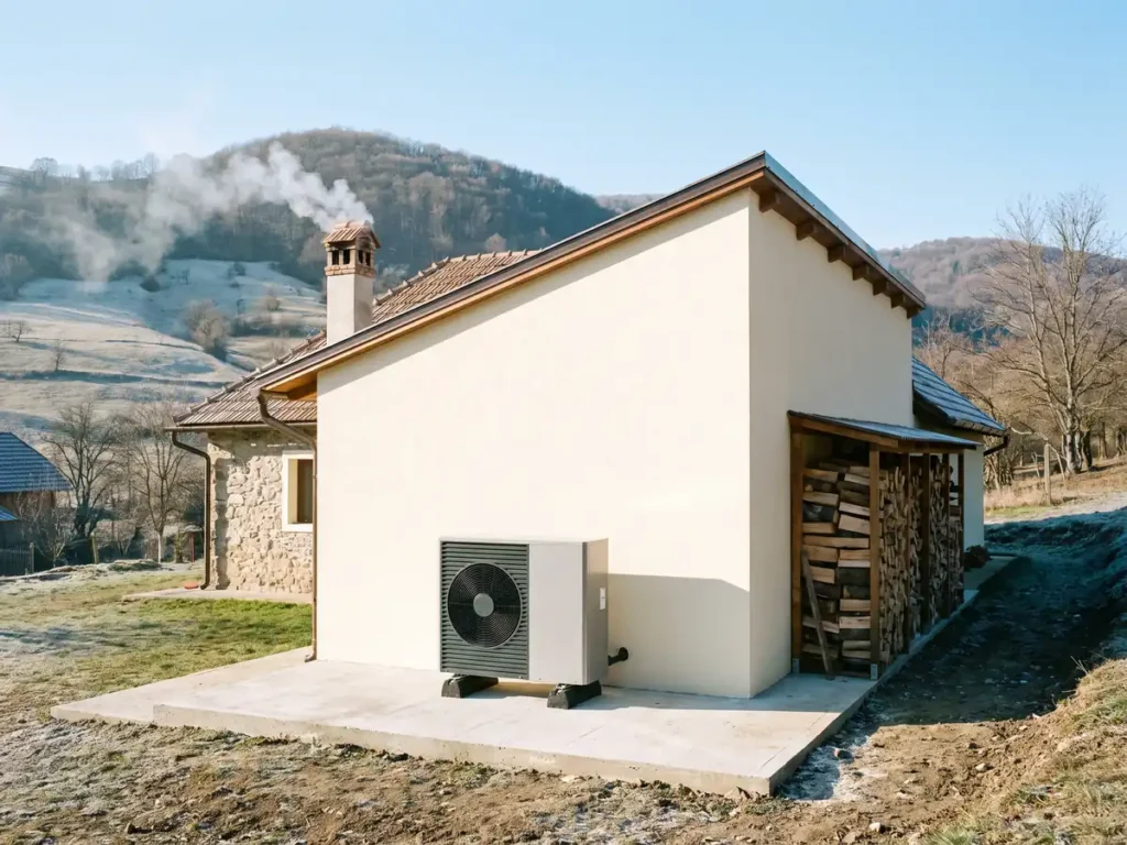 Pompă de căldură montată lângă o casă de la țară din al cărei coș iese fum de lemne