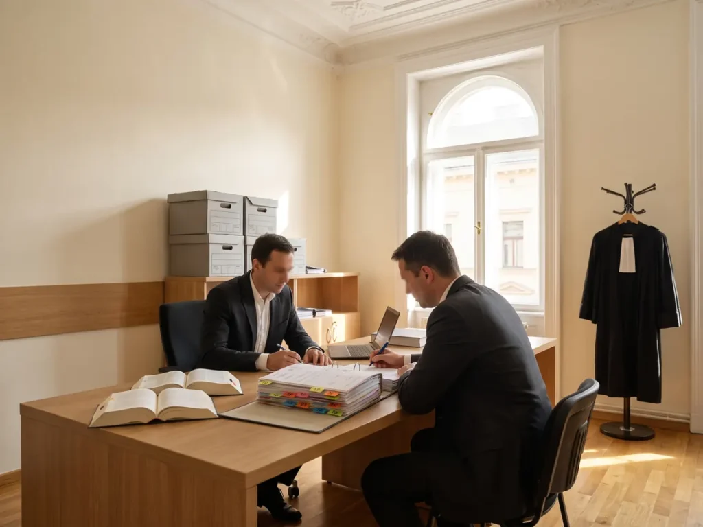 Birou al Inspecției Judiciare din România, cu inspectori care examinează un dosar de plângere împotriva unui magistrat